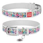 Ошейник WAUDOG Design с рисунком "Волшебные цветы", премиум кожа, металлическая пряжка (ширина 35 мм, длина 46-60 см), белый