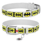 Ошейник для собак кожаный WAUDOG Design с QR паспортом, рисунок "Бэтмен4", Ш 25 мм, Дл 37-48 см, белый