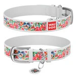 Нашийник WAUDOG Design з малюнком "Черепи у квітах", преміум шкіра, металевий пряжка (ширина 20 мм, довжина 30-39 см), білий