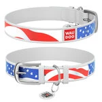 Ошейник WAUDOG Design с рисунком "Звёзды и полосы", премиум кожа, металлическая пряжка (ширина 15 мм, длина 27-36 см), белый