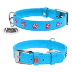 Нашийник для собак шкіряний WAUDOG Glamour з QR паспортом, з клейовими стразами "Квітка", Ш 20 мм, Дл 30-39 см, блакитний