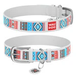 Ошейник для собак кожаный WAUDOG Design с QR паспортом, рисунок "Этно", Ш 20 мм, Дл 30-39 см, белый