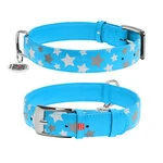 Нашийник для собак шкіряний WAUDOG Glamour з QR паспортом, візерунок "Зірочка", що світиться/світловідбиваючий, Ш 35 мм, Дл 46-60 см, блакитний