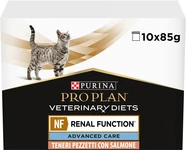 Упаковка вологого дієтичного корму для дорослих котів Purina Pro Plan Veterinary Diets NF Renal Function Advanced Care при патології нирок з лососем 10 x 85 г