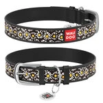 Нашийник WAUDOG Design з малюнком "Ромашки", преміум шкіра, металевий пряжка (ширина 12 мм, довжина 21-29 см), чорний