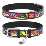 Ошейник для собак кожаный WAUDOG Design с QR паспортом, рисунок "Витраж", Ш 12 мм, Дл 21-29 см, черный