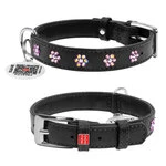 Нашийник для собак шкіряний WAUDOG Glamour з QR паспортом, з клейовими стразами "Квітка", Ш 15 мм, Дл 27-36 см, чорний