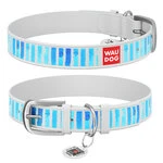 Ошейник WAUDOG Design с рисунком "Голубые полоски", премиум кожа, металлическая пряжка (ширина 15 мм, длина 27-36 см), белый