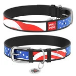 Ошейник WAUDOG Design с рисунком "Звёзды и полосы", премиум кожа, металлическая пряжка (ширина 12 мм, длина 21-29 см), черный