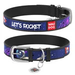 Нашийник для собак шкіряний WAUDOG Design з QR паспортом, малюнок "Космос. Ракета", S, Ш 15 мм, Дл 27-36 см, чорний