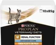 Упаковка вологого дієтичного корму для дорослих котів Purina Pro Plan Veterinary Diets NF Renal Function Advanced Care при патології нирок з куркою 10 x 85 г