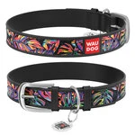 Нашийник WAUDOG Design з малюнком "Яскравий тропік", преміум шкіра, металевий пряжка (ширина 12 мм, довжина 21-29 см), чорний