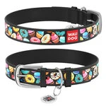 Нашийник для собак шкіряний WAUDOG Design з QR паспортом, малюнок "Пончики", Ш 25 мм, Дл 38-49 см, чорний