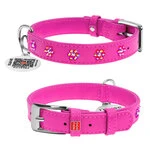 Нашийник для собак шкіряний WAUDOG Glamour з QR паспортом, з клейовими стразами "Квітка", Ш 15 мм, Дл 27-36 см, рожевий