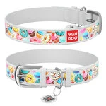 Нашийник для собак шкіряний WAUDOG Design з QR паспортом, малюнок "Пончик", Ш 20 мм, Дл 30-39 см, білий