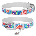 Ошейник для собак кожаный WAUDOG Design с QR паспортом, рисунок "Цветы", Ш 25 мм, Дл 38-49 см, белый