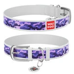 Нашийник WAUDOG Design з малюнком "Фіолетовий камо", преміум шкіра, металевий пряжка (ширина 15 мм, довжина 27-36 см), білий