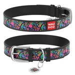 Ошейник WAUDOG Design с рисунком "Волшебные цветы", премиум кожа, металлическая пряжка (ширина 35 мм, длина 46-60 см), черный