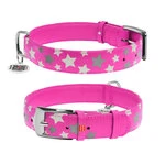 Нашийник для собак шкіряний WAUDOG Glamour з QR паспортом, візерунок "Зірочка", що світиться/світловідбиваючий, Ш 35 мм, Дл 46-60 см, рожевий