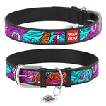 Нашийник для собак шкіряний WAUDOG Design з QR паспортом, малюнок "Літо", Ш 25 мм, Дл 38-49 см, чорний