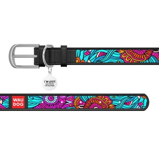 Нашийник для собак шкіряний WAUDOG Design з QR паспортом, малюнок "Літо", Ш 12 мм, Дл 19-25 см, чорний