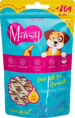 Ласощі для собак Mavsy Duck with Cod Sandwich - Мавси Сендвіч з качки з тріскою для собак 120 г (4820266800307)