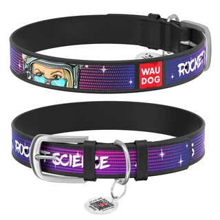 Нашийник для собак шкіряний WAUDOG Design з QR паспортом, малюнок "Космос. Ракетобудування", S, Ш 15 мм, Дл 27-36 см, чорний