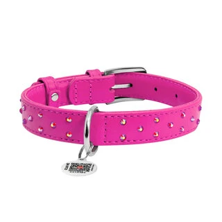 Нашийник для собак шкіряний WAUDOG Glamour з QR паспортом, з клейовими стразами, Ш 25 мм, Дл 38-49 см, рожевий