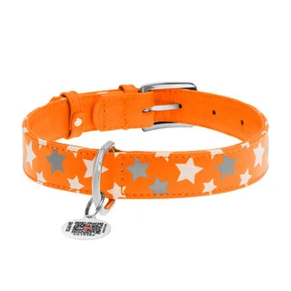 Нашийник для собак шкіряний WAUDOG Glamour з QR паспортом, візерунок "Зірочка", що світиться/світловідбиваючий, Ш 20 мм, Дл 30-39 см, оранжевий