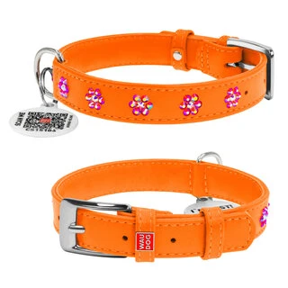 Нашийник для собак шкіряний WAUDOG Glamour з QR паспортом, з клейовими стразами "Квітка", Ш 20 мм, Дл 30-39 см, оранжевий