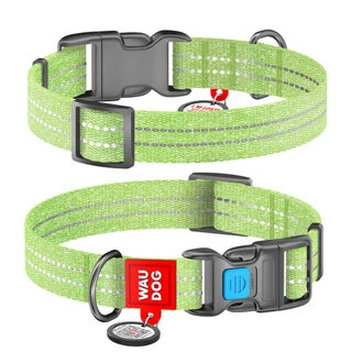 Ошейник для собак из восстановленного хлопка WAUDOG Re-cotton с QR паспортом, светоотражающий, пластиковый фастекс, Ш 25 мм, Дл 31-49 см, салатовый