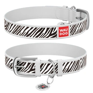 Ошейник WAUDOG Design с рисунком "Зебра", премиум кожа, металлическая пряжка (ширина 25 мм, длина 38-49 см), белый
