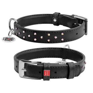 Нашийник для собак шкіряний WAUDOG Glamour з QR паспортом, з клейовими стразами, Ш 25 мм, Дл 38-49 см, чорний