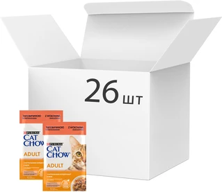 Упаковка вологого корму для дорослих котів Purina Cat Chow Adult з яловичиною та баклажанами 85 г x 26 шт