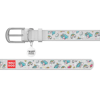 Ошейник WAUDOG Design с рисунком "Единороги", премиум кожа, металлическая пряжка (ширина 12 мм, длина 19-25 см), белый