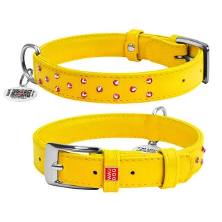 Нашийник для собак шкіряний WAUDOG Glamour з QR паспортом, з клейовими стразами, Ш 25 мм, Дл 38-49 см, жовтий