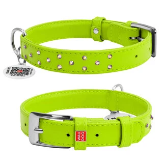 Ошейник для собак кожаный WAUDOG Glamour с QR паспортом, с клеевыми стразами, Ш 20 мм, Дл 30-39 см, салатовый