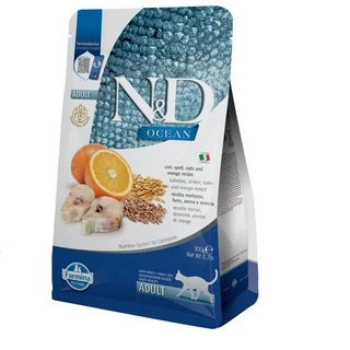 Фармина сухой корм для кошек N&amp;amp;D LOW GRAIN OCEAN ADULT чувствительно пищеварение с треской и апельсином, 300 г