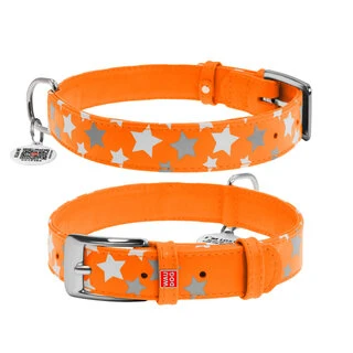 Нашийник для собак шкіряний WAUDOG Glamour з QR паспортом, візерунок "Зірочка", що світиться/світловідбиваючий, Ш 20 мм, Дл 30-39 см, оранжевий