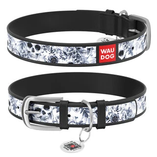 Ошейник WAUDOG Design с рисунком "Черно-белые черепа", премиум кожа, металлическая пряжка (ширина 12 мм, длина 19-25 см), черный