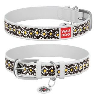 Ошейник WAUDOG Design с рисунком "Ромашки", премиум кожа, металлическая пряжка (ширина 25 мм, длина 38-49 см), белый
