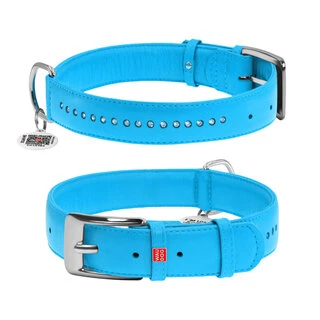 Ошейник для собак кожаный WAUDOG Glamour с QR паспортом, двойной со стразами, Ш 20 мм, Дл 30-39 см, голубой