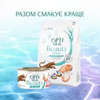 Беззерновой полнорационный сухой корм для взрослых кошек Optimeal Beauty Fitness на основе морепродуктов 1.5 кг