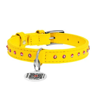 Нашийник для собак шкіряний WAUDOG Glamour з QR паспортом, з клейовими стразами, Ш 15 мм, Дл 27-36 см, жовтий