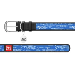 Ошейник WAUDOG Design с рисунком "Рыба", премиум кожа, металлическая пряжка (ширина 12 мм, длина 21-29 см), черный