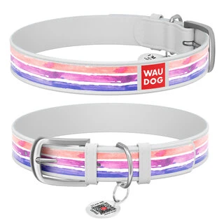 Ошейник WAUDOG Design с рисунком "Акварельные полоски 2", премиум кожа, металлическая пряжка (ширина 25 мм, длина 38-49 см), белый