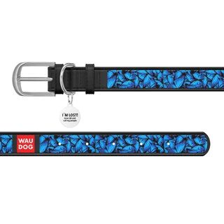 Ошейник WAUDOG Design с рисунком "Голубые бабочки", премиум кожа, металлическая пряжка (ширина 20 мм, длина 30-39 см), черный
