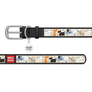 Нашийник WAUDOG Design з малюнком "Собачки на прогулянці", преміум шкіра, металевий пряжка (ширина 20 мм, довжина 30-39 см), чорний