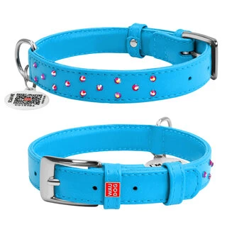 Нашийник для собак шкіряний WAUDOG Glamour з QR паспортом, з клейовими стразами, Ш 20 мм, Дл 30-39 см, блакитний