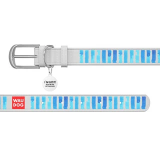 Нашийник WAUDOG Design з малюнком "Блакитні смужки", преміум шкіра, металевий пряжка (ширина 25 мм, довжина 38-49 см), білий